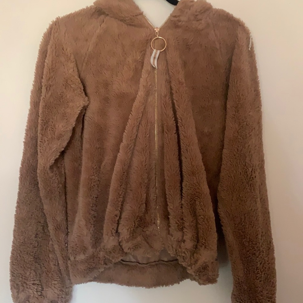 Brown fuzzy zip up sweater